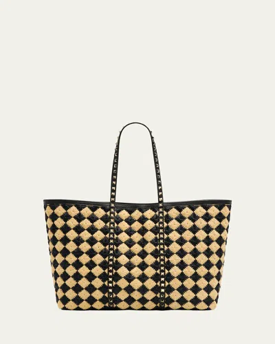 Valentino Garavani Rockstud Embroidered Raffia Shopping Tote Bag In Naturale Nero