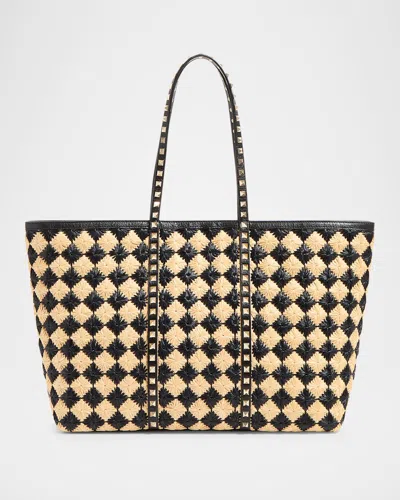 Valentino Garavani Rockstud Embroidered Raffia Shopping Tote Bag In Naturale Nero