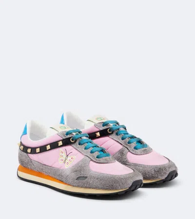 Valentino Garavani Rockstud Embroidered Suede-trimmed Sneakers In Multicoloured