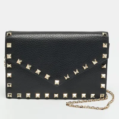 Pre-owned Valentino Garavani Rockstud Envelope Black Leather Wallet On Chain
