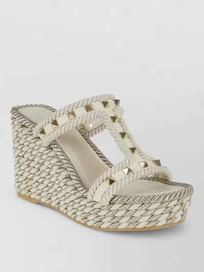 Valentino Garavani Rockstud Espadrille Sandals Braided Wedge In Gray