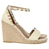 Valentino Garavani Rockstud Leather Espadrille Wedge Sandals In White