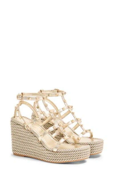 Valentino Garavani Rockstud Calfskin Wedge Sandal With Straps 95 Mm Woman Light Ivory 40 In Beige