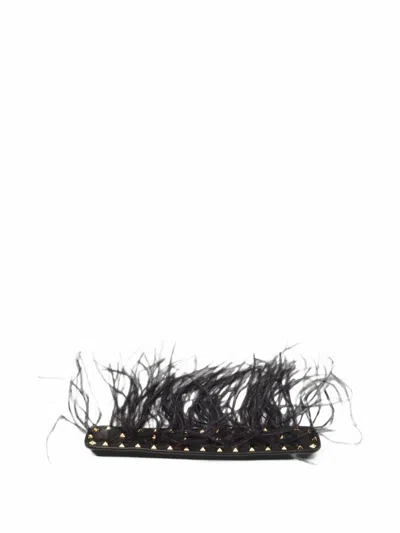 Pre-owned Valentino Garavani Rockstud Feather-trim Handle Strap In Black