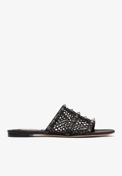 Valentino Garavani Rockstud Fishnet Flat Slides In Black