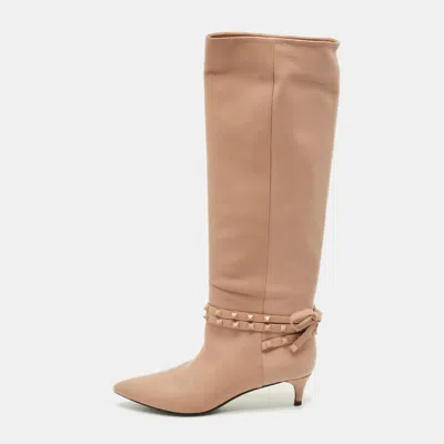 Pre-owned Valentino Garavani Rockstud Flair Size 38 Dusty Pink Leather Knee Length Boots