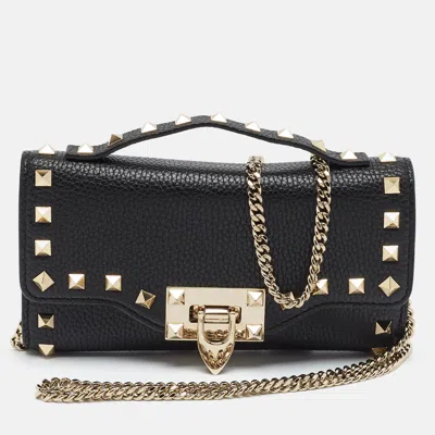 Pre-owned Valentino Garavani Rockstud Flap Black Leather Wallet On Chain