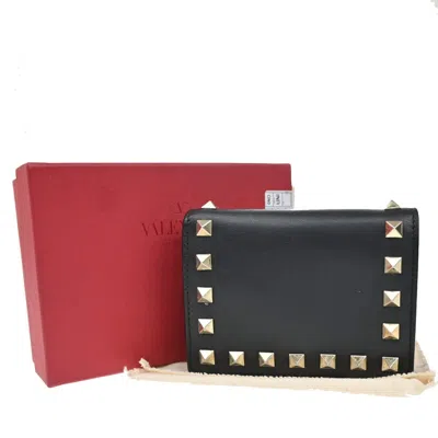 Pre-owned Valentino Garavani Rockstud Flap Card Case Leather Leather Wallets Accessory () In Black