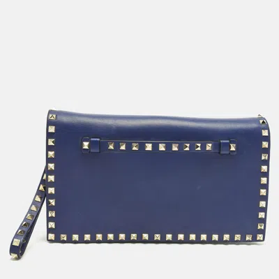Pre-owned Valentino Garavani Rockstud Flap Dark Blue Leather Wristlet Clutch