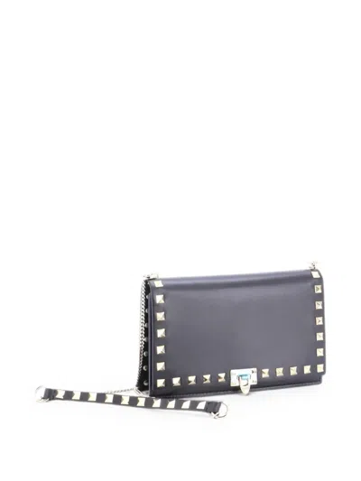 Pre-owned Valentino Garavani Rockstud Flap Shoulder Bag Leather Mini Crossbody Bag In Black