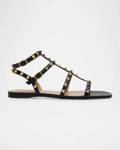 Valentino Garavani Rockstud Flat Leather Sandals In Black