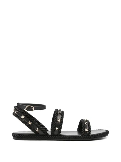 Pre-owned Valentino Garavani Rockstud Flat Sandals In Black