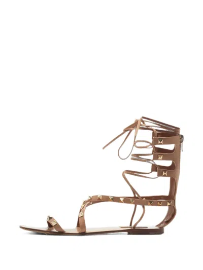 Pre-owned Valentino Garavani Rockstud Flat Sandals In Neutral