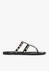 Valentino Rockstud T-strap Flat Slide Sandals In Black