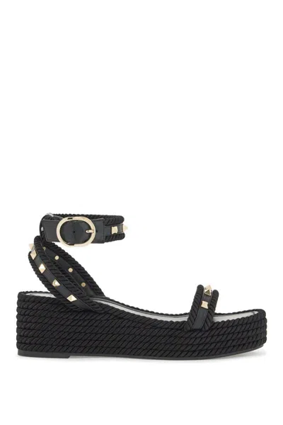 Valentino Garavani Rockstud Torchon 60 Leather And Silk Rope Platform Espadrilles In Black