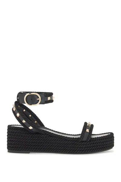 Valentino Garavani 45mm Rockstud Torchon Ankle Strap Espadrille Sandals In Black