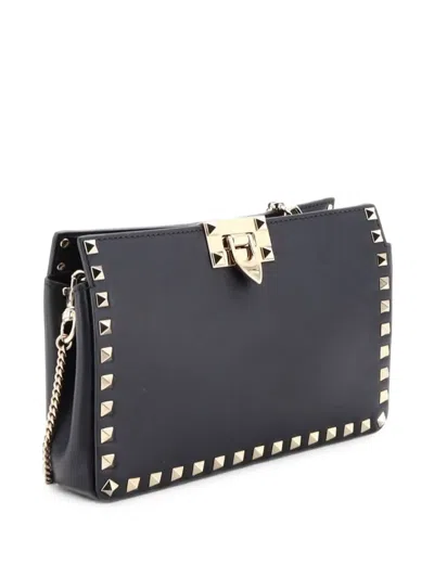 Pre-owned Valentino Garavani Rockstud Flip Lock Chain Crossbody Leather Small Clutch Bag In Black