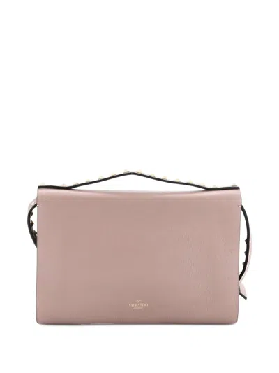 Pre-owned Valentino Garavani Rockstud Flip Lock Double Flap Leather Small Crossbody Bag In Neutral