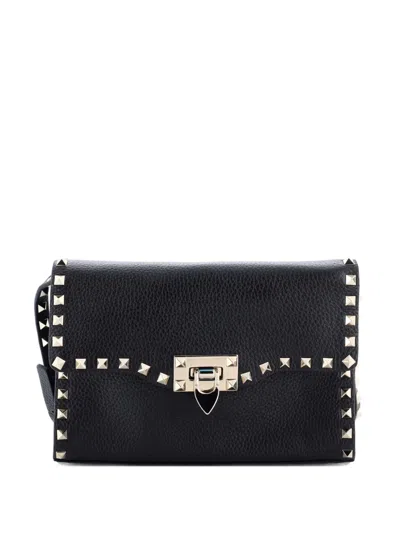 Pre-owned Valentino Garavani Rockstud Flip Lock Flap Bag Leather Medium Crossbody Bag In Black