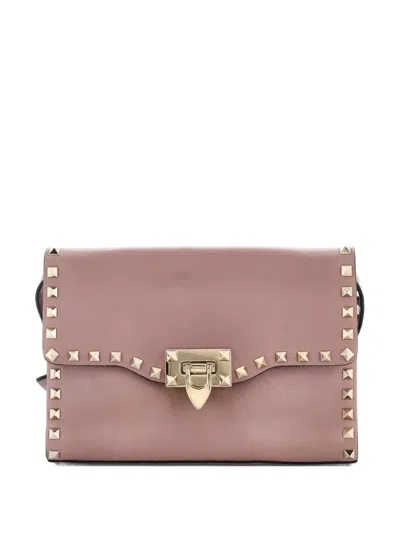 Pre-owned Valentino Garavani Rockstud Flip Lock Flap Bag Leather Medium Crossbody Bag In Neutral