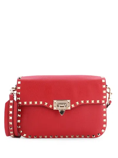 Pre-owned Valentino Garavani Rockstud Flip Lock Flap Bag Leather Medium Crossbody Bag In Red