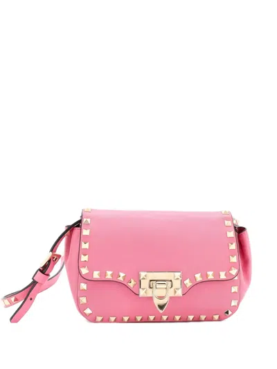 Pre-owned Valentino Garavani Rockstud Flip Lock Flap Bag Leather Mini Crossbody Bag In Pink