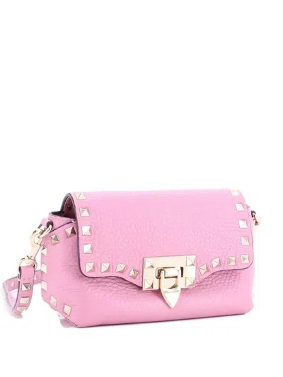 Pre-owned Valentino Garavani Rockstud Flip Lock Flap Bag Leather Mini Crossbody Bag In Pink