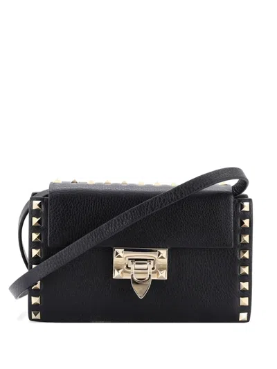 Pre-owned Valentino Garavani Rockstud Flip Lock Flap Bag Leather Small Shoulder Bag In Black