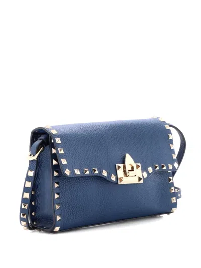 Pre-owned Valentino Garavani Rockstud Flip Lock Flap Bag Leather Small Shoulder Bag In Blue