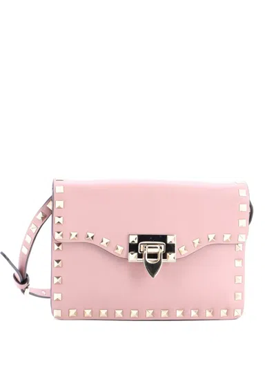 Pre-owned Valentino Garavani Rockstud Flip Lock Flap Bag Leather Small Shoulder Bag In Pink