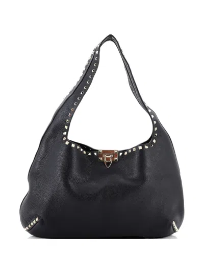 Pre-owned Valentino Garavani Rockstud Flip Lock Leather Large Hobo Bag In Black