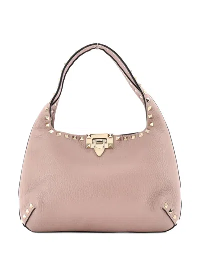 Pre-owned Valentino Garavani Rockstud Flip Lock Leather Small Hobo Bag In Neutral