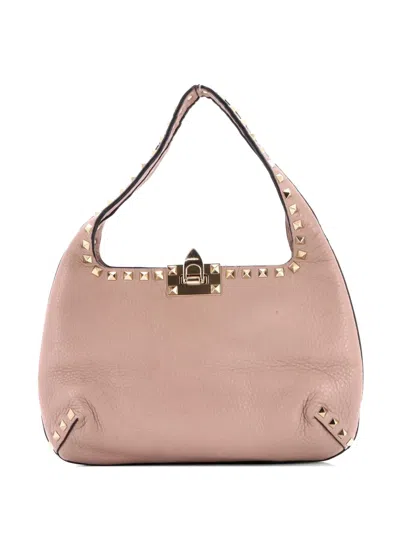 Pre-owned Valentino Garavani Rockstud Flip Lock Leather Small Hobo Bag In Neutral