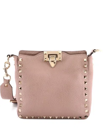 Pre-owned Valentino Garavani Rockstud Flip Lock Messenger Bag Leather Mini Crossbody Bag In Neutral
