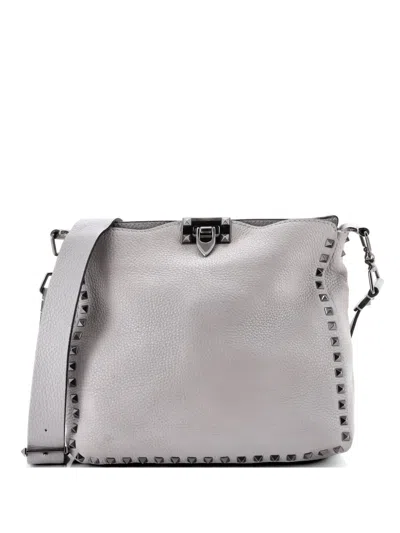 Pre-owned Valentino Garavani Rockstud Flip Lock Messenger Bag Leather Small Crossbody Bag In Gray