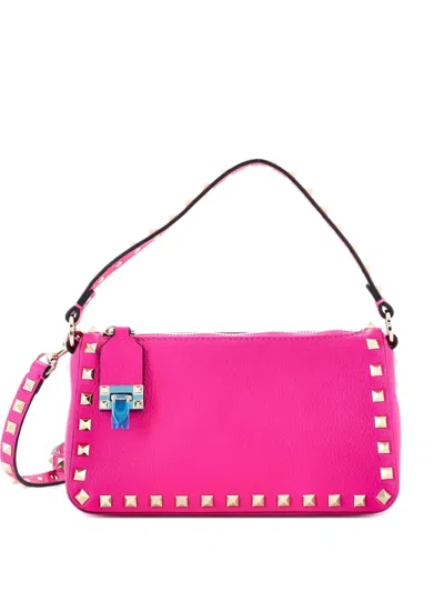 Pre-owned Valentino Garavani Rockstud Flip Lock Zipped Handle Grainy Leather Small Crossbody Bag In Pink