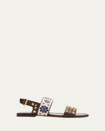 Valentino Garavani County Rockstud Floral-embroidered Leather Sandals In Brown