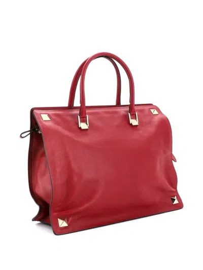 Pre-owned Valentino Garavani Rockstud Four Corner Tote Leather Large Satchel In Red