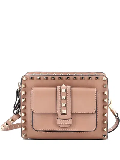 Pre-owned Valentino Garavani Rockstud Front Pocket Shoulder Bag Leather Mini Crossbody Bag In Neutral