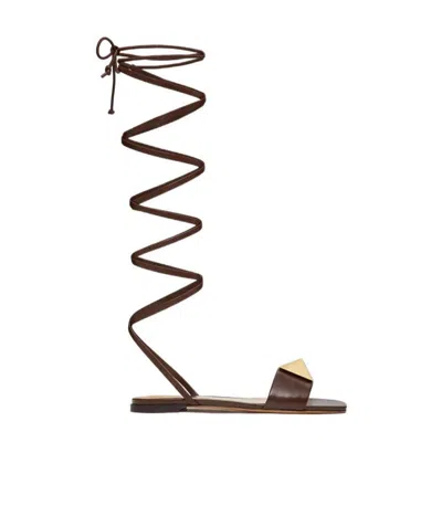 Valentino Garavani Rockstud Gladiator Flat Sandals In Brown