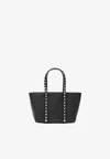 Valentino Rockstud Mini Tote In Hammered Leather In Black