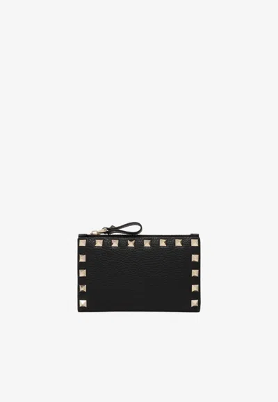 Valentino Garavani Rockstud Grained Leather Zip Cardholder In Black