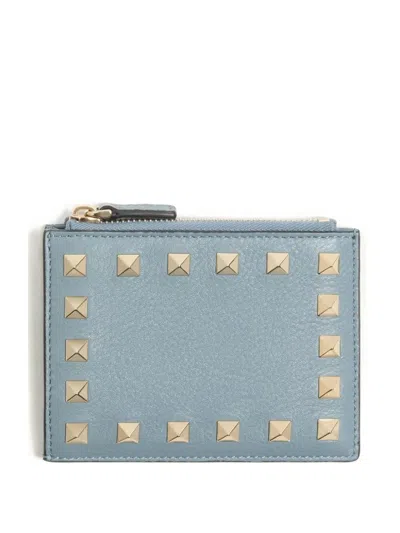Valentino Garavani Valentino Rockstud Grained-leather Card Holder In Grey