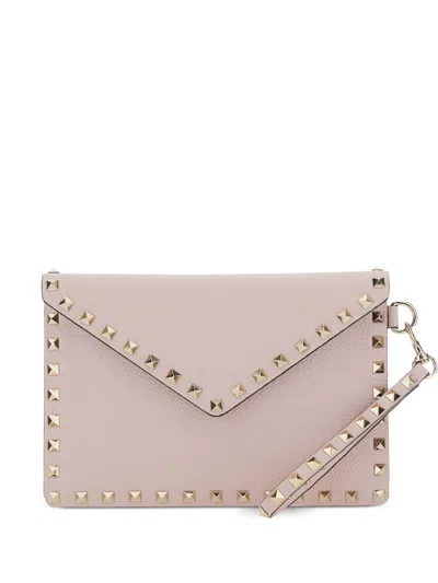 Valentino Garavani Valentino Rockstud Grained-leather Clutch Pouch In Lightivory