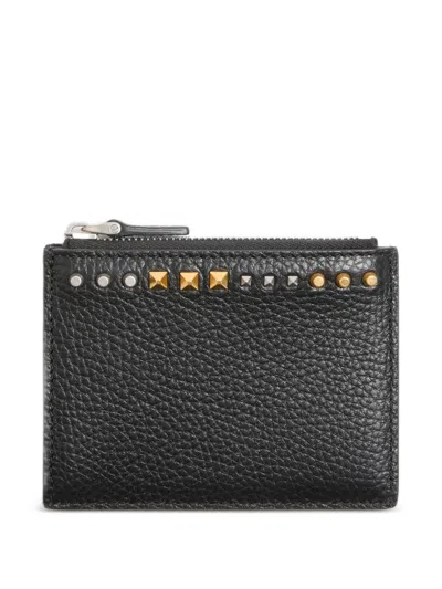 Valentino Garavani Rockstud Grainy Calfskin Card Holder In Black