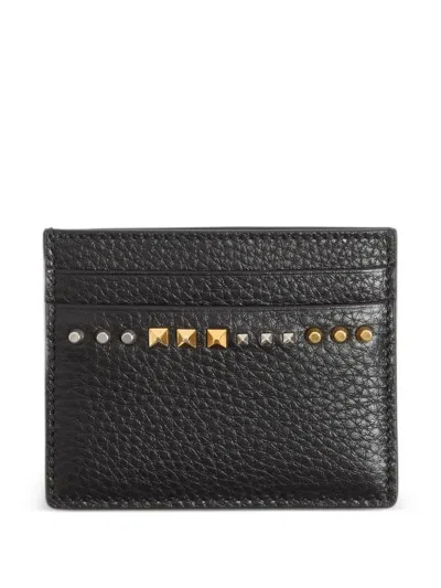 Valentino Garavani Rockstud Grainy Calfskin Cardholder In Black