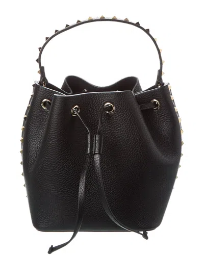Valentino Garavani Rockstud Grainy Leather Bucket Bag (authentic ) In Black
