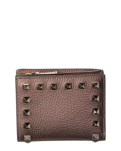 Valentino Garavani Valentino Rockstud Grainy Leather Card Case In Brown