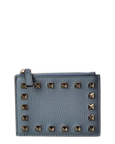 Valentino Garavani Valentino Rockstud Grainy Leather Card Case In Blue