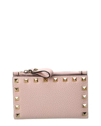 Valentino Garavani Valentino Rockstud Grainy Leather Card Case In Pink